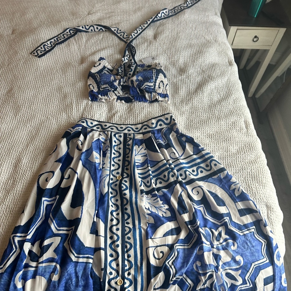 Beach style two piece blue and white skirt and top